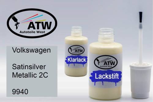 Volkswagen, Satinsilver Metallic 2C, 9940: 20ml Lackstift + 20ml Klarlack - Set, von ATW Autoteile West.